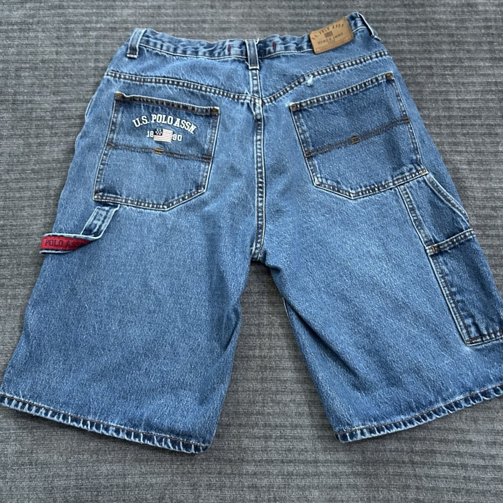 Vintage US Polo ASSN Denim Carpenter Jorts Shorts Mens 34 Baggy Blue USA Flag